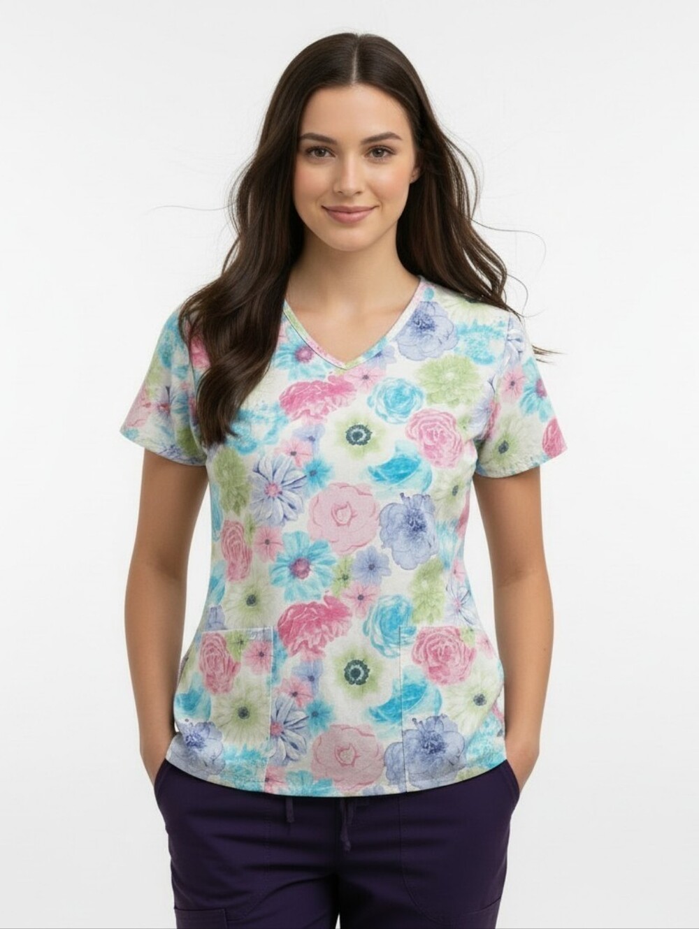 SB Scrubs Pastel Floral V-Neck Women’s Scrub Top, 3 Front Pockets, Vents, EUC XL